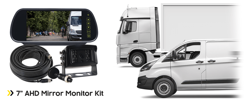 Truck and van alongside AHD 7 inch mirror monitor kit with mirror monitor cameras and cable